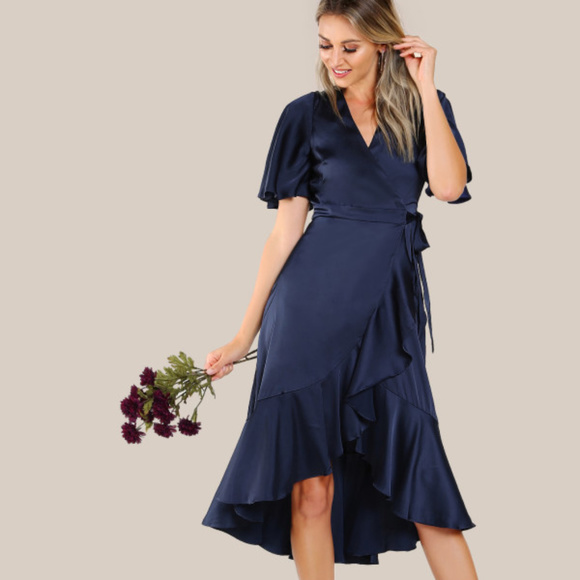 SHEIN Satin Wrap Ruffle Hem Dress - Picture 4 of 8